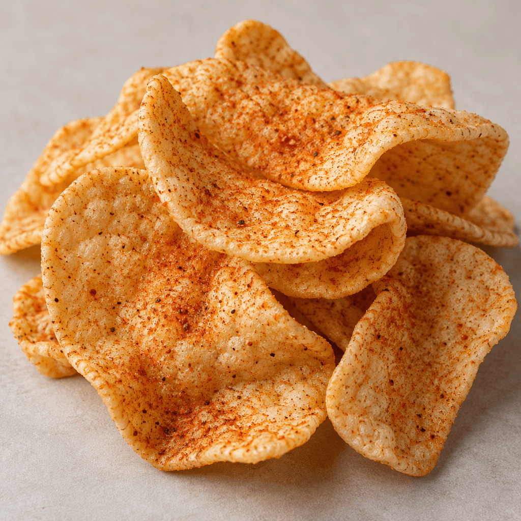 A small pile of thin, irregularly curved protein chips, golden beige with a light orange-red dusting of seasoning and a dry, slightly bubbled surface.