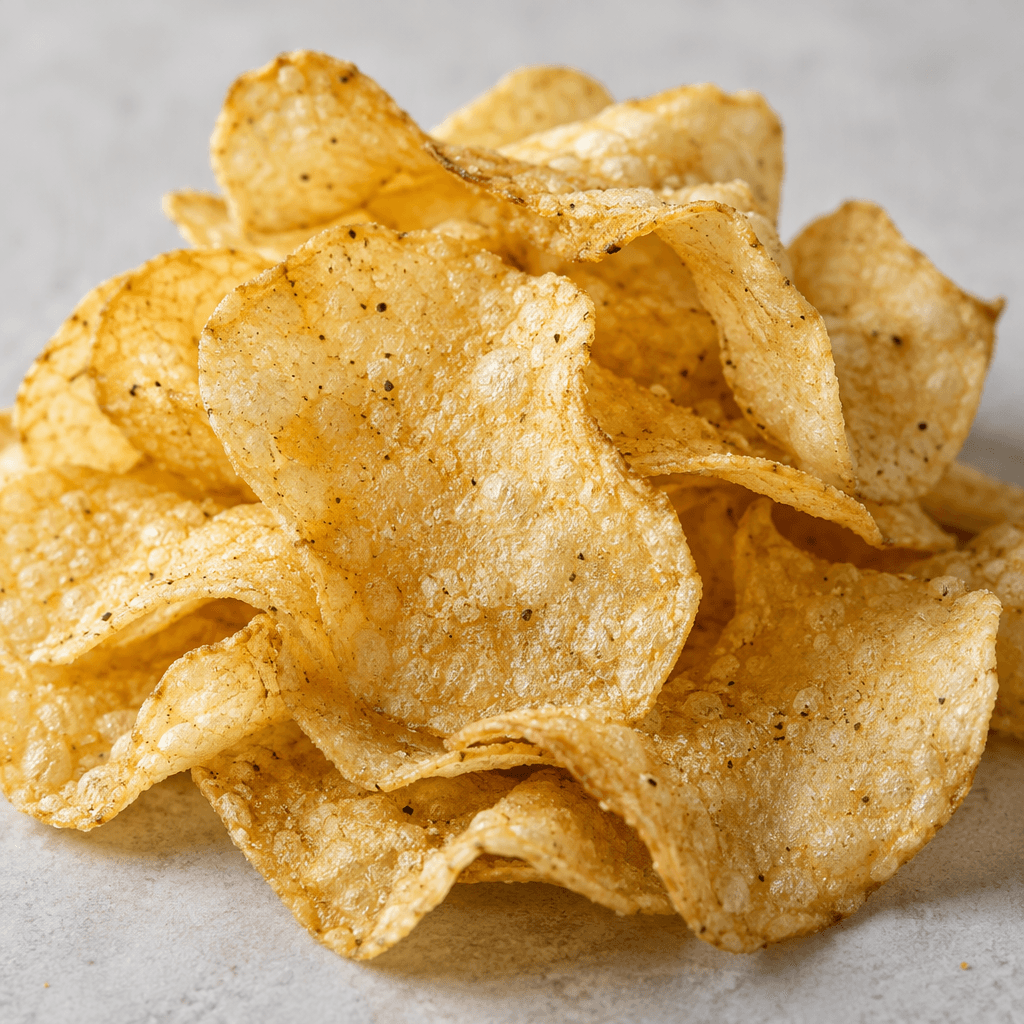 A small pile of thin, irregularly curved pale-golden chips with a lightly bubbled, crisp-looking surface and a few fine seasoning specks.