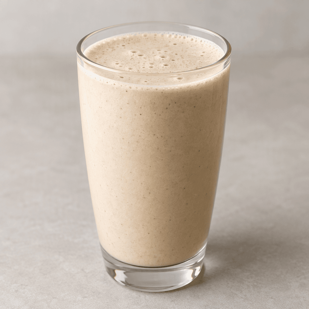 A smooth, pale beige protein shake sits in a clear glass, with a lightly frothy surface and a few tiny bubbles.
