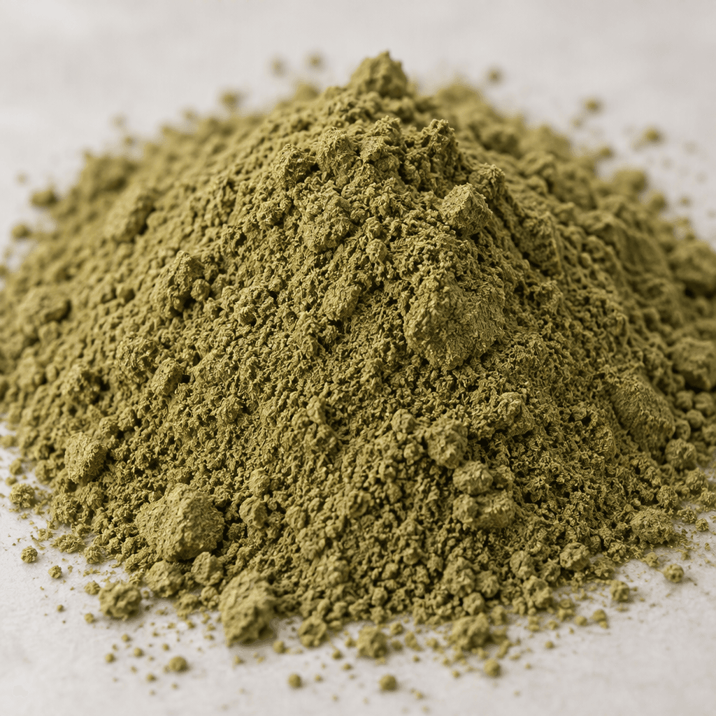 A loose, finely ground plant powder with a muted earthy green-brown colour and a slightly uneven, grainy texture.