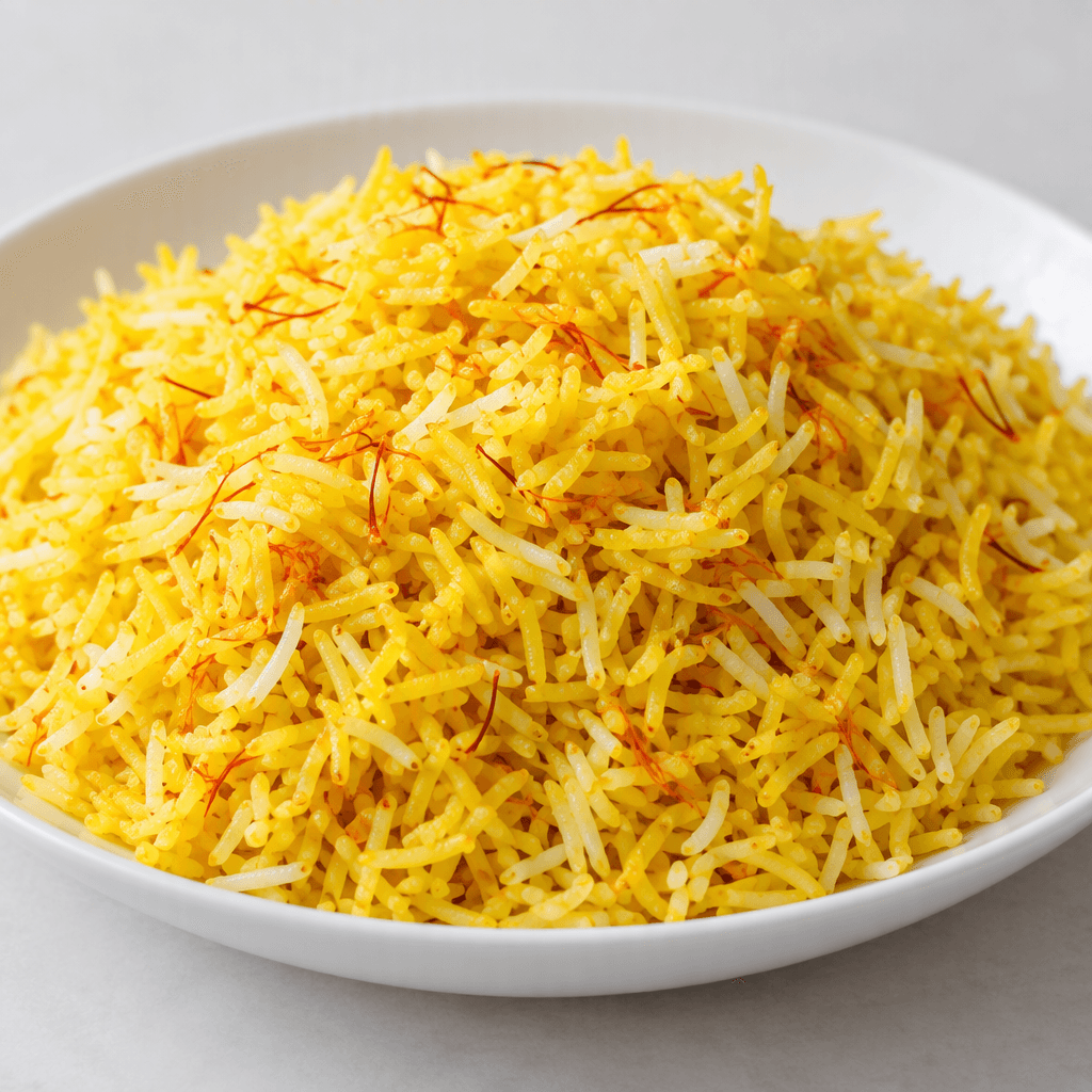 Fluffy long-grain rice with a warm golden-yellow saffron tint, scattered with tiny orange-gold strands and occasional pale grains, served in a shallow white dish in a loose mound with individual grains visibly separate.
