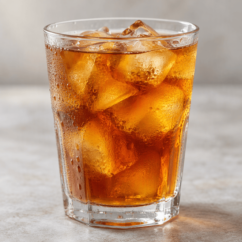 A clear glass of amber-brown iced tea with visible ice cubes and a light sheen of condensation on the outside.