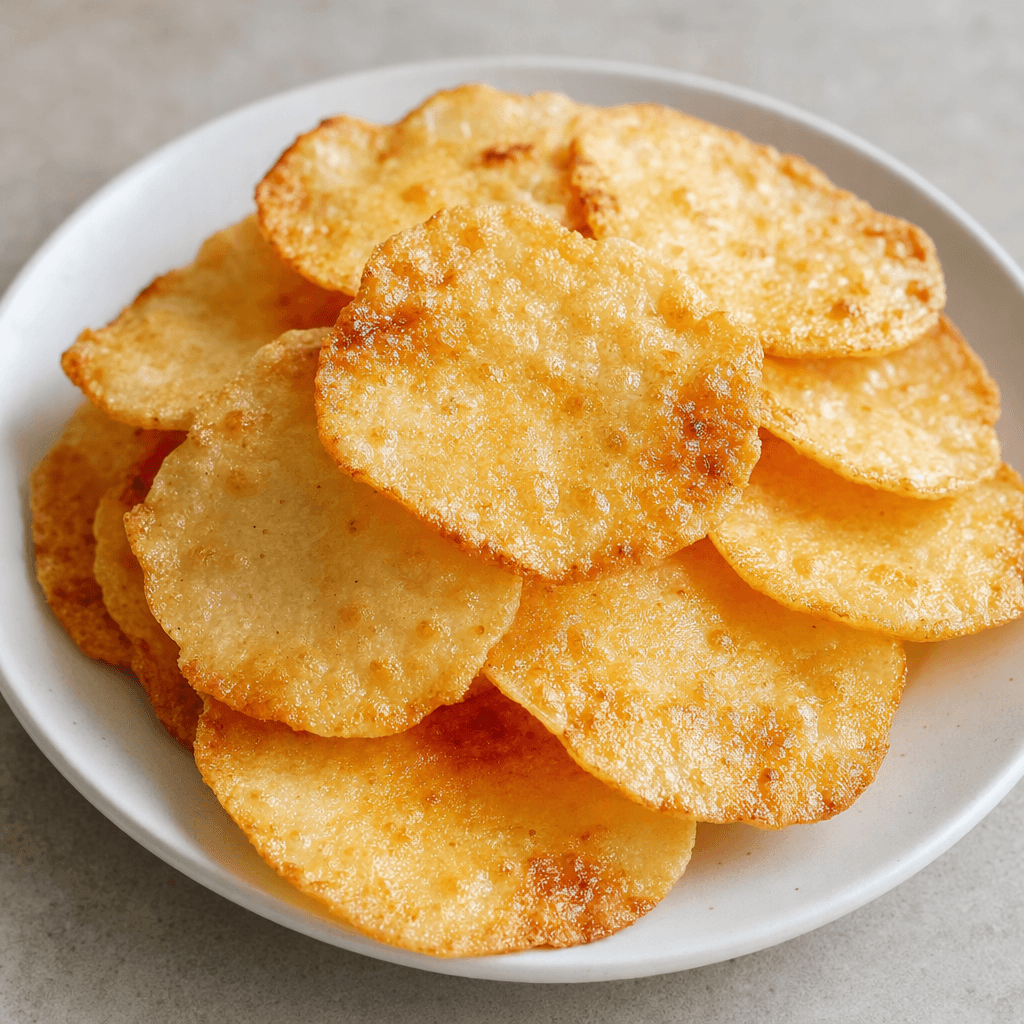 Thin, irregularly round rice crackers with a pale golden-brown, lightly blistered surface and scattered darker toasted patches are stacked on a plain plate.