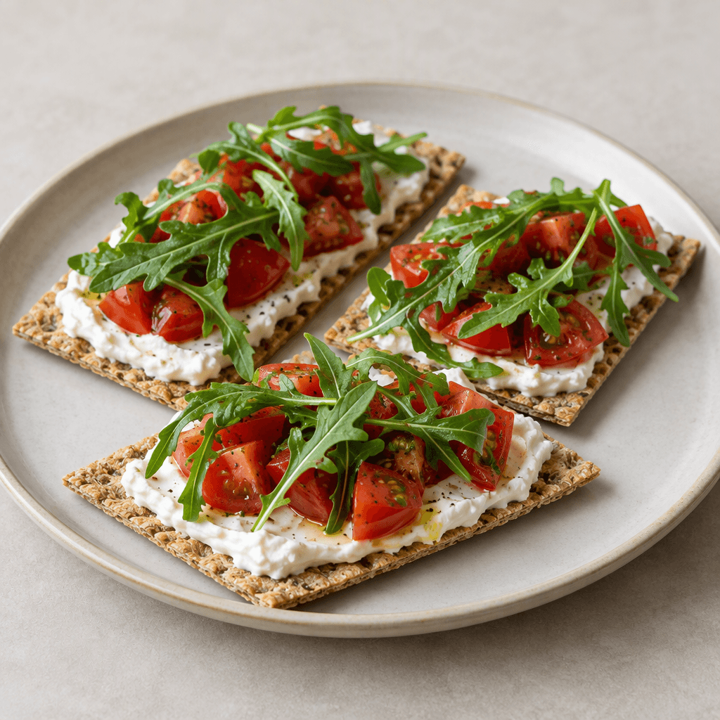 Thin, crisp, rectangular Sakata crackers are topped with a thick layer of white labneh, red tomato pieces and fresh green arugula leaves, arranged on a plate.