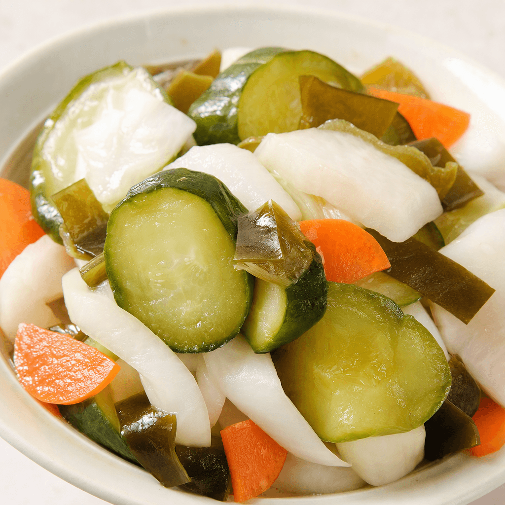 Slices and chunks of pickled vegetables, including pale green cucumber and white radish with occasional orange and deep green pieces, sit in a small dish with a moist, glossy surface.
