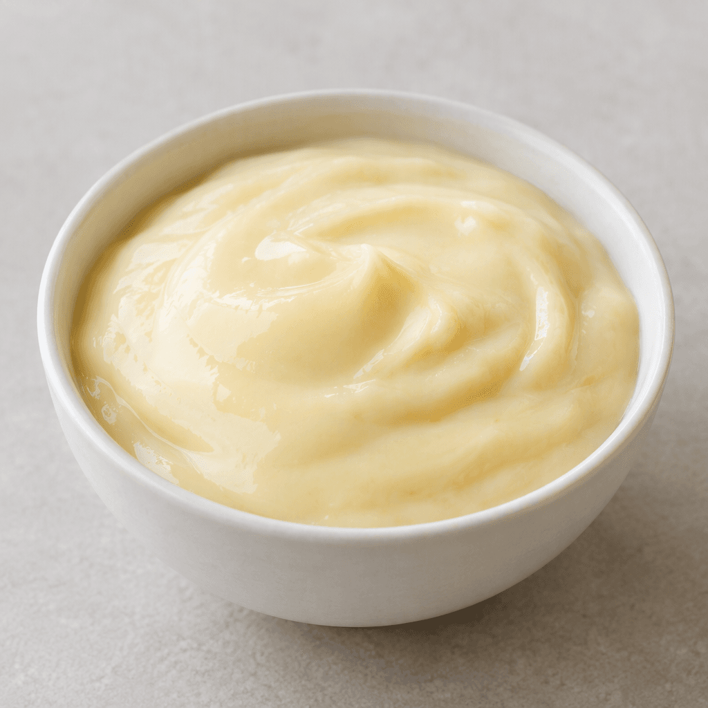 A smooth, glossy, thick pudding in a pale ivory colour, spooned into a small serving bowl with a softly set surface and gently rounded edges.