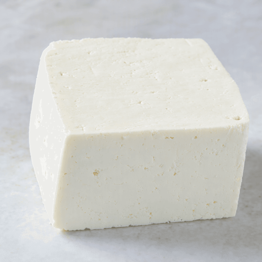 A compact block of matte-white cheese with smooth cut faces and slightly crumbly edges, served plain.