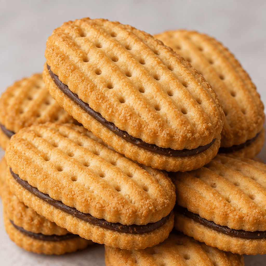 Golden-brown, oblong biscuits with a ridged, lightly perforated surface are stacked together, with a thin dark chocolate layer visible between the biscuit halves.