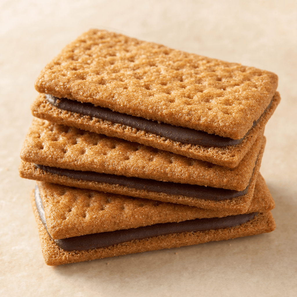 Several golden-brown, rectangular cereal biscuits with a finely grainy, lightly perforated surface are stacked, with a dark chocolate filling visible between the biscuit layers.