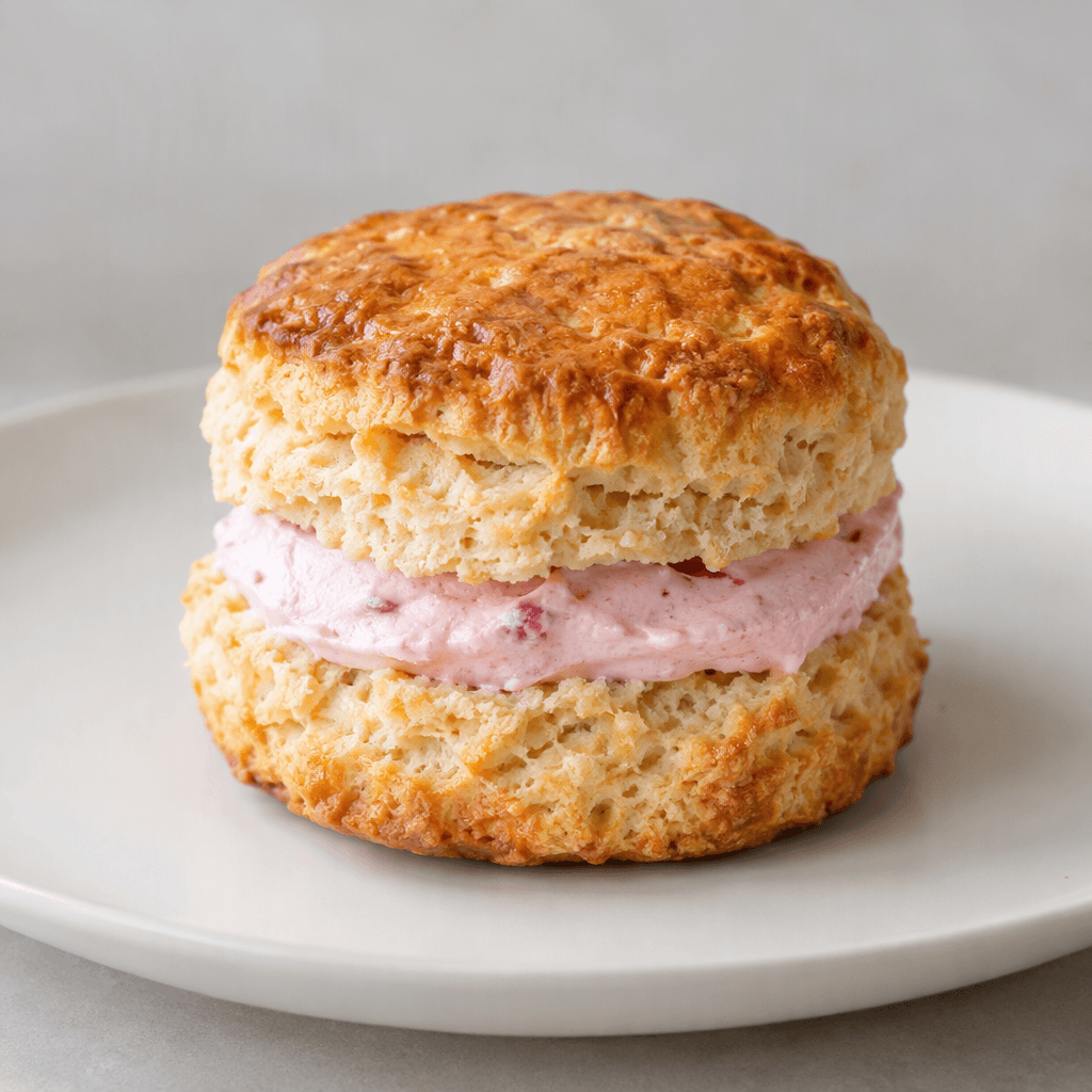 A round, golden-brown biscuit with a pale pink strawberry cream layer visible between its crisp, slightly ridged halves, served on a plain plate.