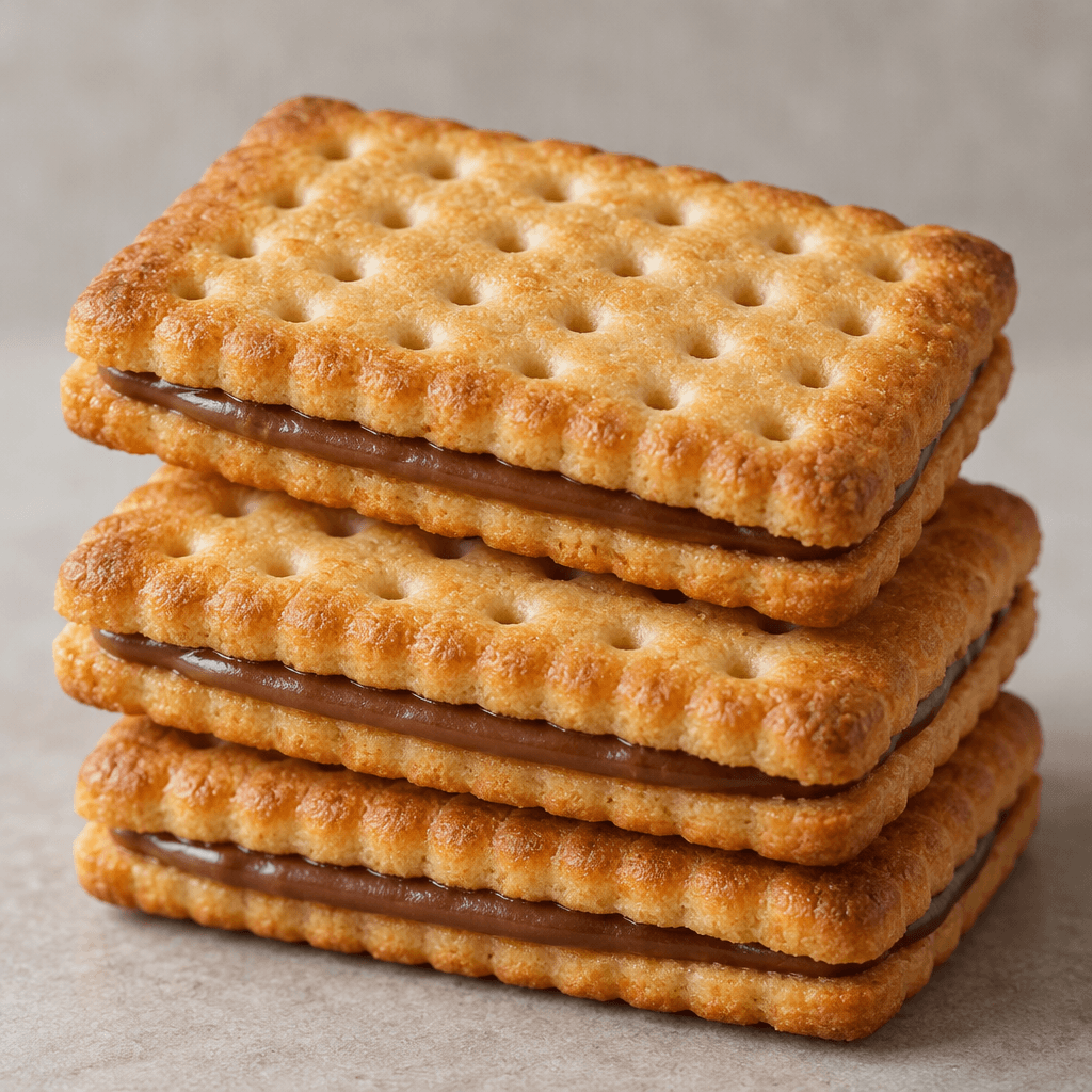 Golden-brown rectangular biscuits with lightly embossed, perforated tops are stacked to show a thin layer of brown hazelnut cream between them.