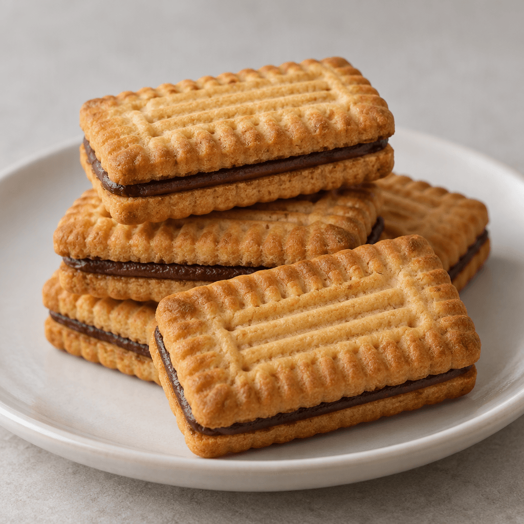 Rectangular, golden-brown biscuits with lightly ridged, embossed tops sandwich a thin layer of dark brown cocoa cream, with a few pieces stacked on a plain plate.