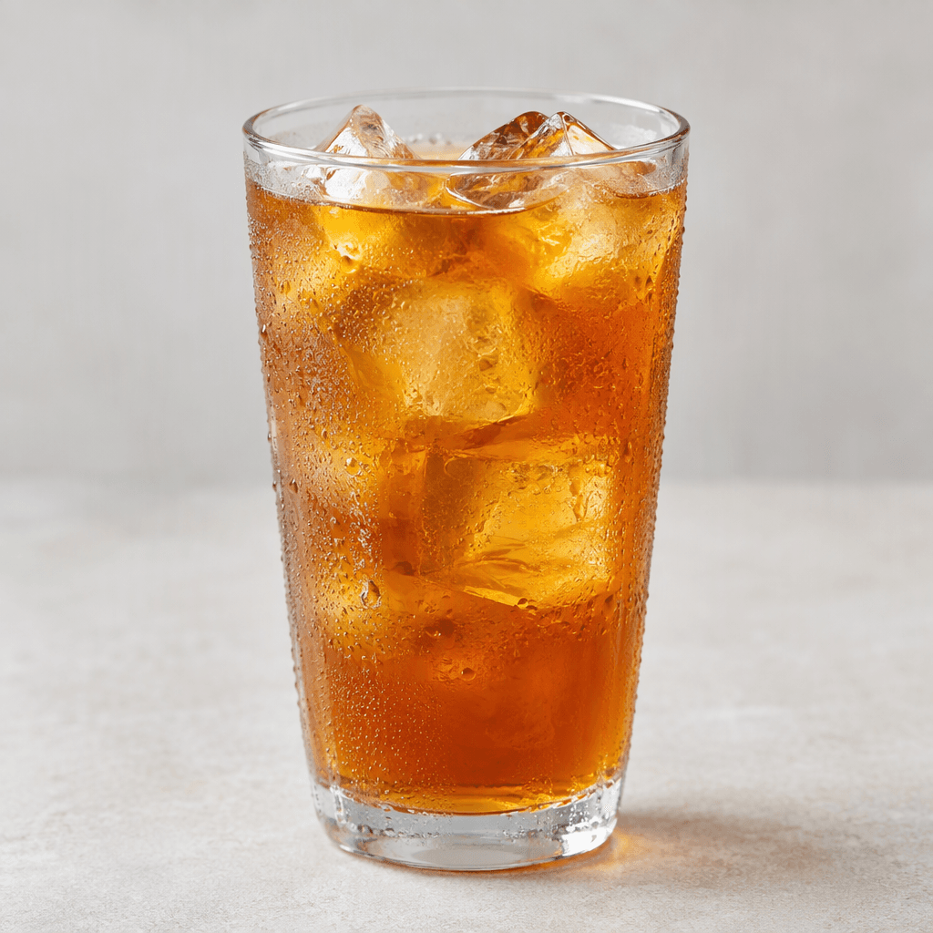 A clear glass holds translucent amber iced tea with several visible ice cubes and condensation on the outside.