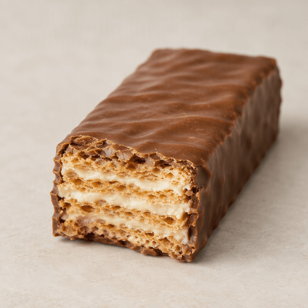 A rectangular wafer bar coated in smooth milk chocolate, with thin golden wafer layers and pale cream filling visible at a broken edge.