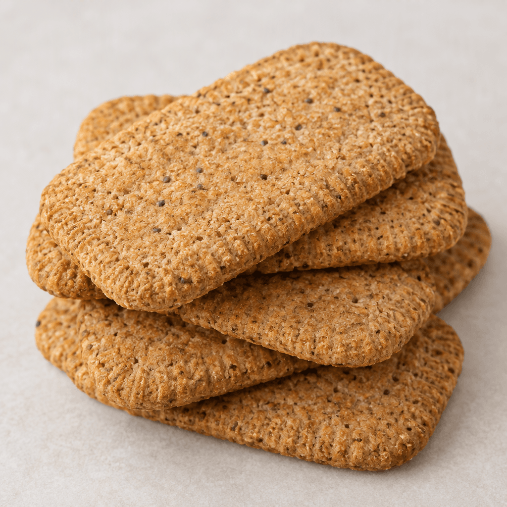 Flat, oblong whole-wheat biscuits with rounded corners, a lightly ridged edge, a golden-brown surface and tiny darker grain flecks, shown stacked and overlapping.