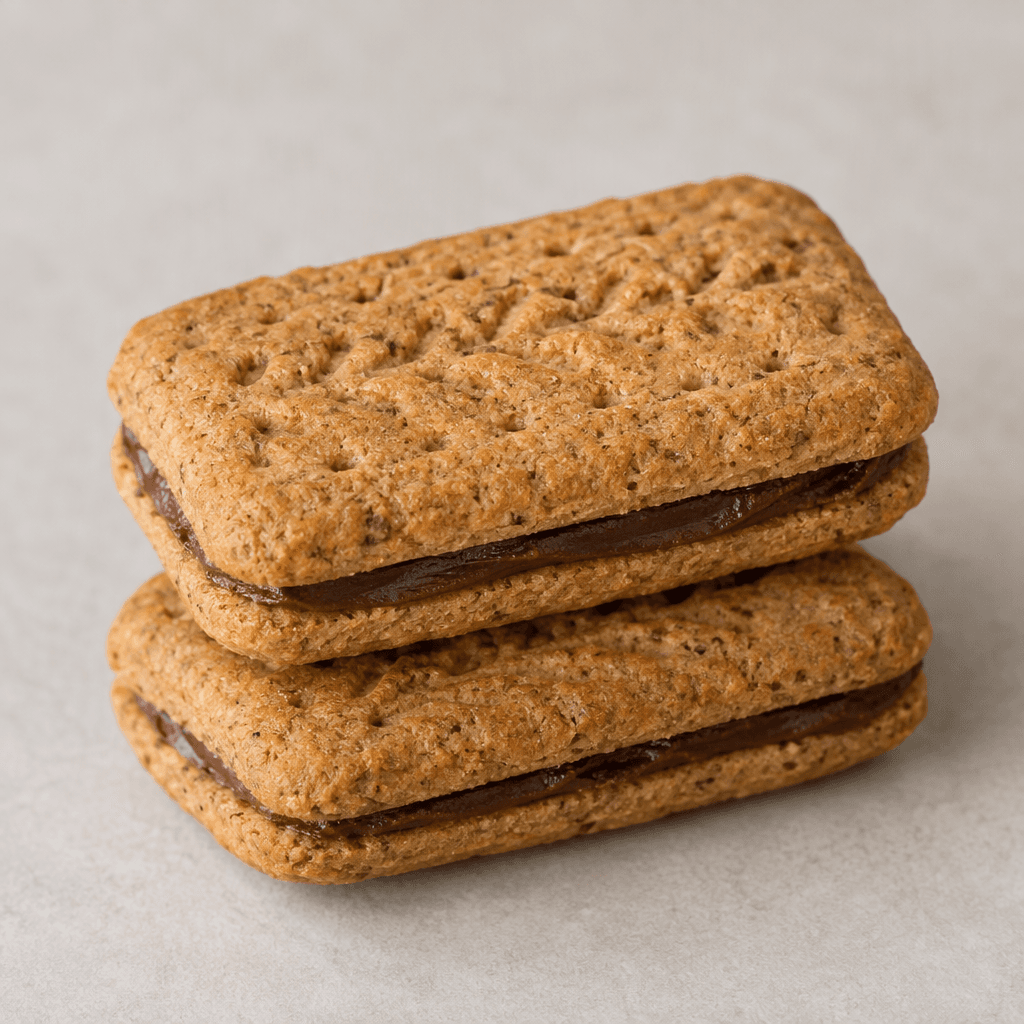 Two golden-brown, rectangular whole-wheat biscuits with a lightly speckled, embossed surface sandwich a visible layer of dark chocolate cream.