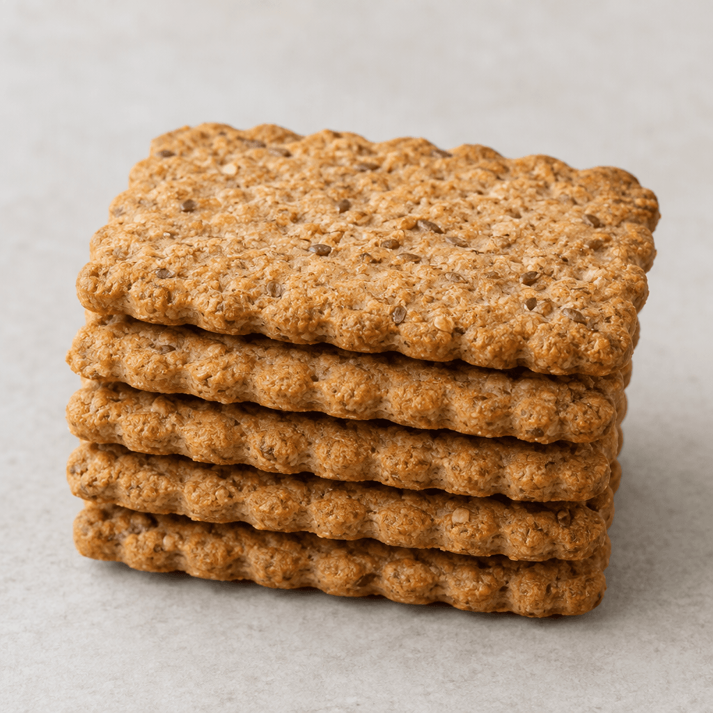 Flat, oblong golden-brown whole-grain biscuits with gently scalloped edges, a lightly textured surface and scattered darker grain flecks, arranged in a neat stack.