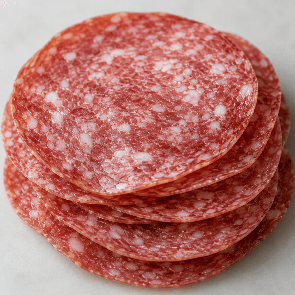 Thin, round pink-red slices of processed meat with tiny pale flecks, stacked and slightly overlapping.
