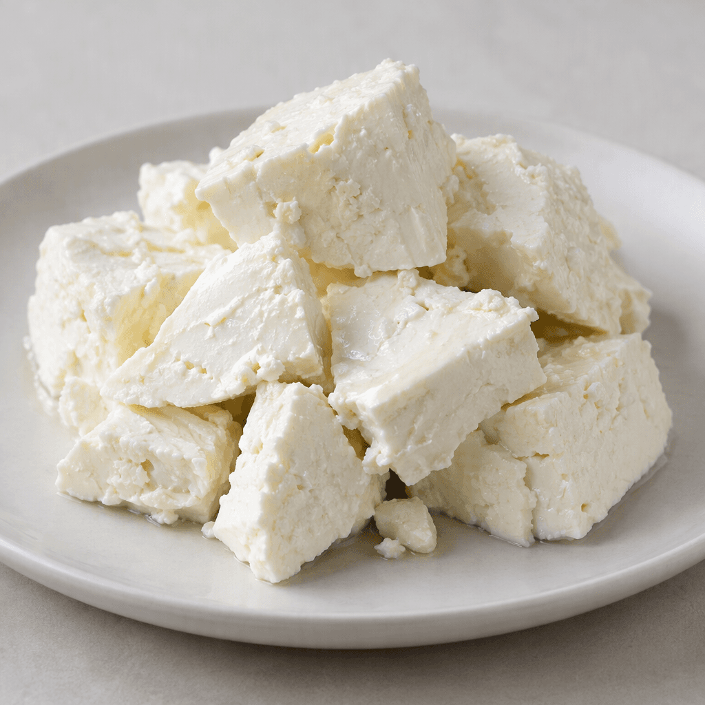 Irregular white to ivory chunks of firm, slightly crumbly cheese with a moist briny sheen, arranged on a simple plate.