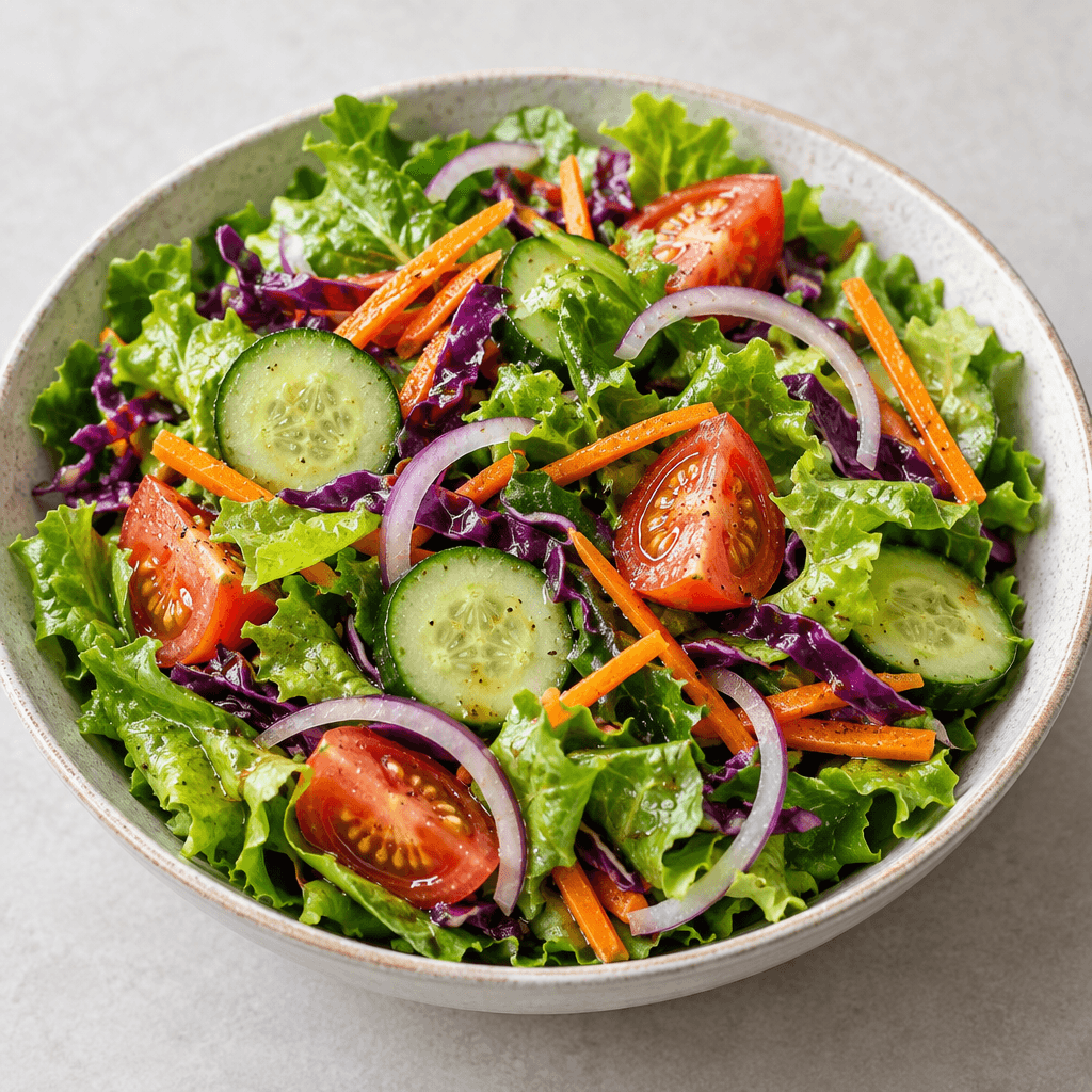 A colorful mixed salad is arranged in a shallow bowl with crisp green lettuce, red tomato wedges, pale-green cucumber slices, orange carrot strips, purple cabbage, and thin rings of red onion, with the ingredients kept visibly distinct and lightly glistening.