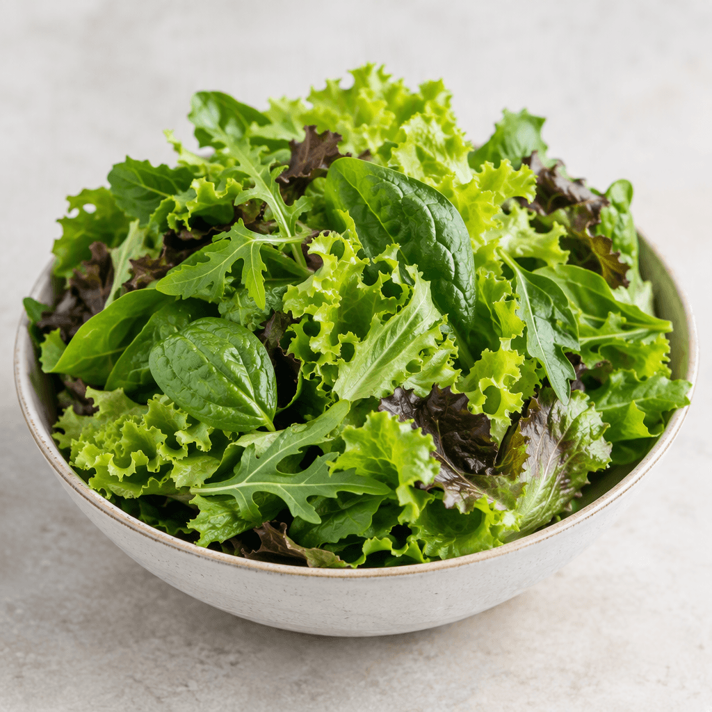 A loose mound of assorted leafy greens fills a shallow bowl, with pale and deep green leaves ranging from smooth and oval to ruffled and frilly, their surfaces crisp and slightly crinkled.