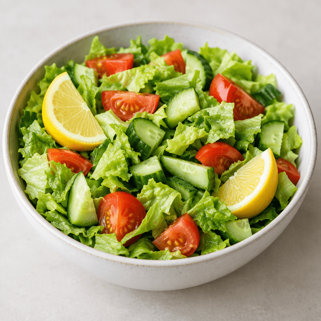 A bowl of crisp chopped lettuce, cucumber and tomato pieces with bright lemon wedges, fresh green and red colours, and a clean, unwilted texture without an oily sheen.