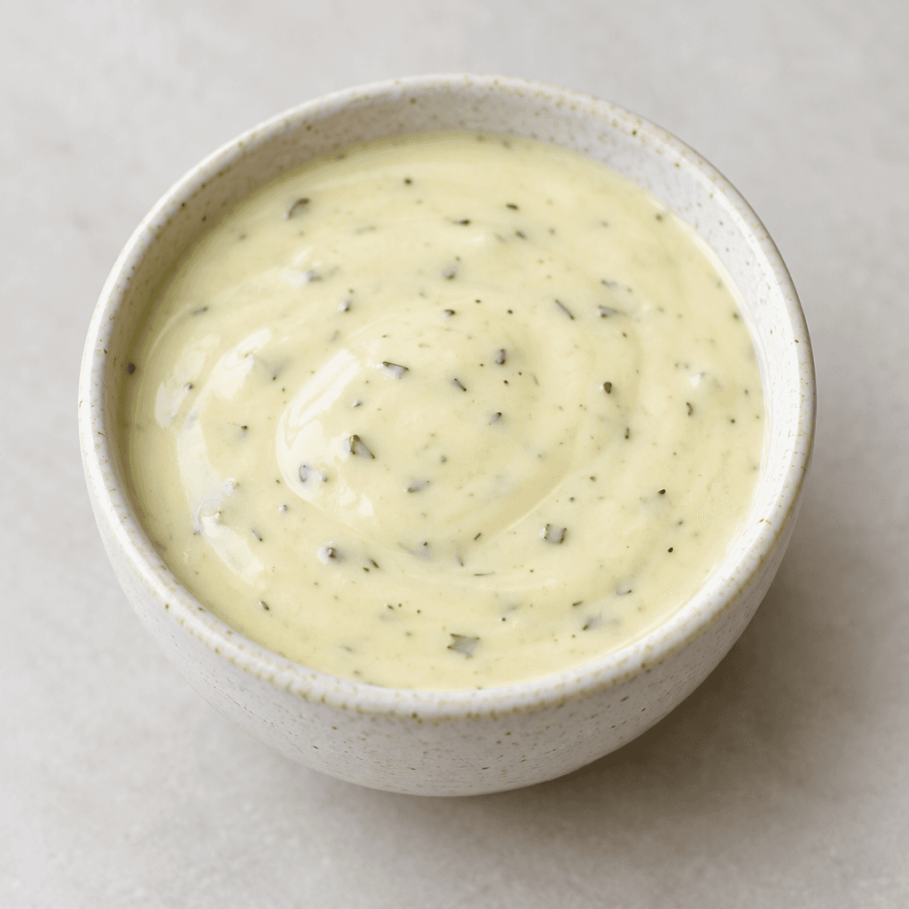 A glossy, pale yellow-white, thick but pourable dressing sits in a small bowl, with a smooth, creamy surface and a few tiny herb flecks visible.