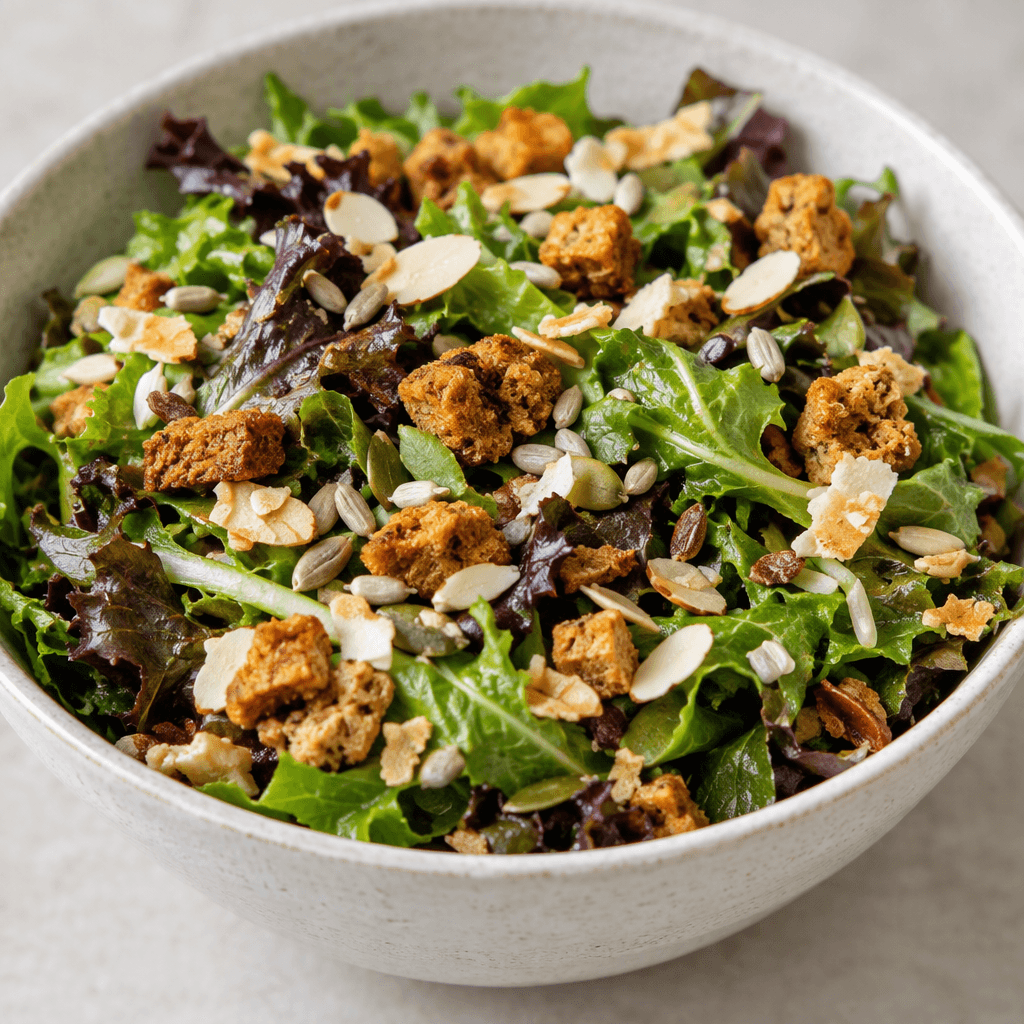 A scattered mix of small golden-brown crunchy pieces, pale seeds and crisp flakes sits on a salad, with irregular shapes and varied textures.