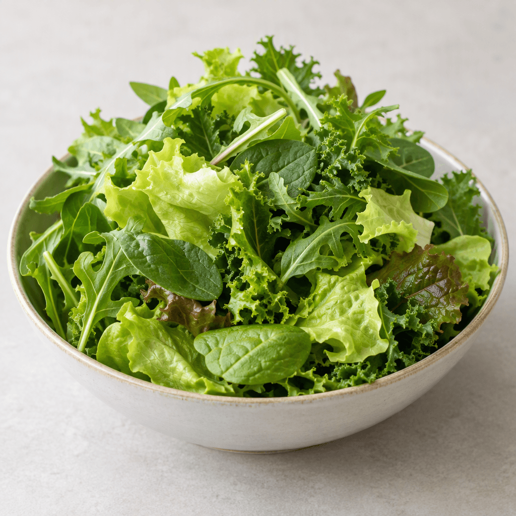 A loose mound of fresh salad greens fills a shallow bowl, with crisp pale-green lettuce leaves, darker green frilly leaves, and a few tender stems layered together in varied ruffled and rounded shapes.