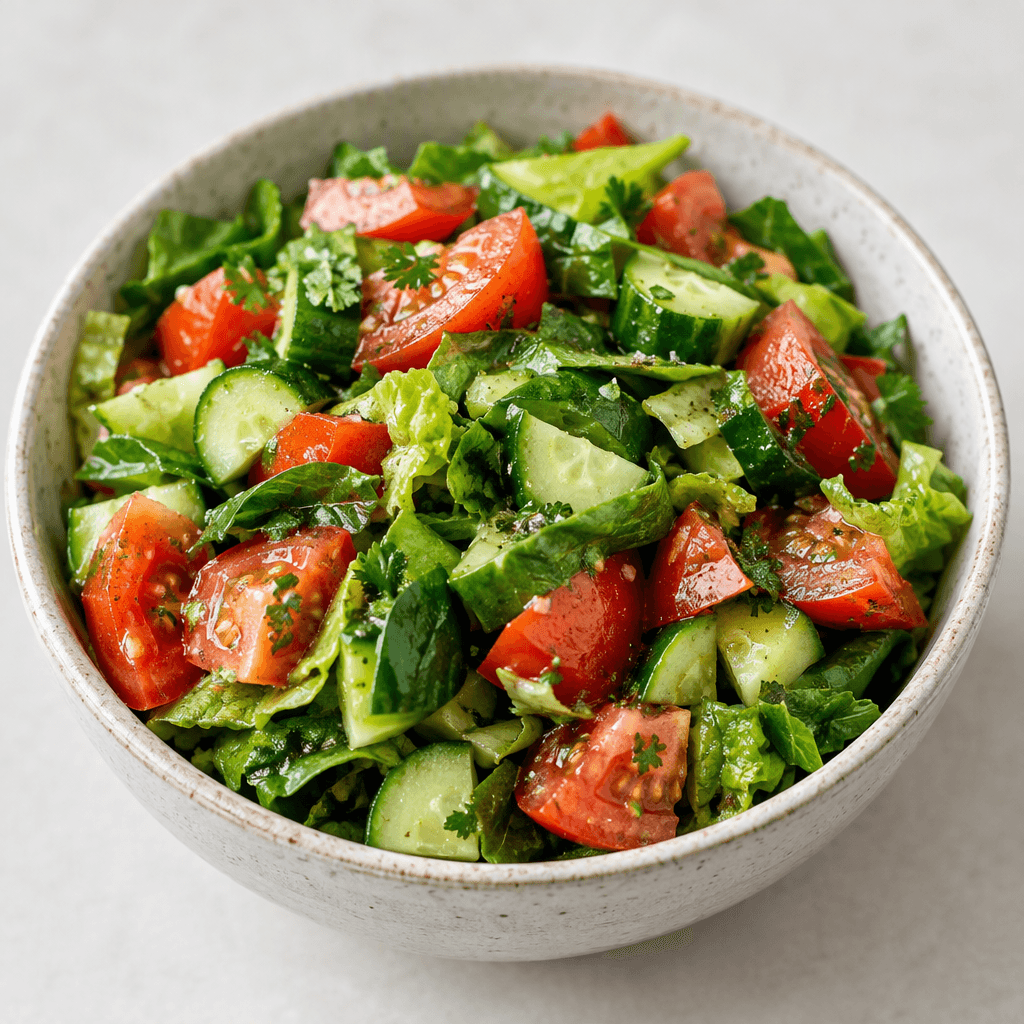 A colorful bowl of chopped fresh vegetables, including red tomatoes, green cucumbers and leafy greens, lightly coated in glossy olive oil and served as a loose, rustic salad.