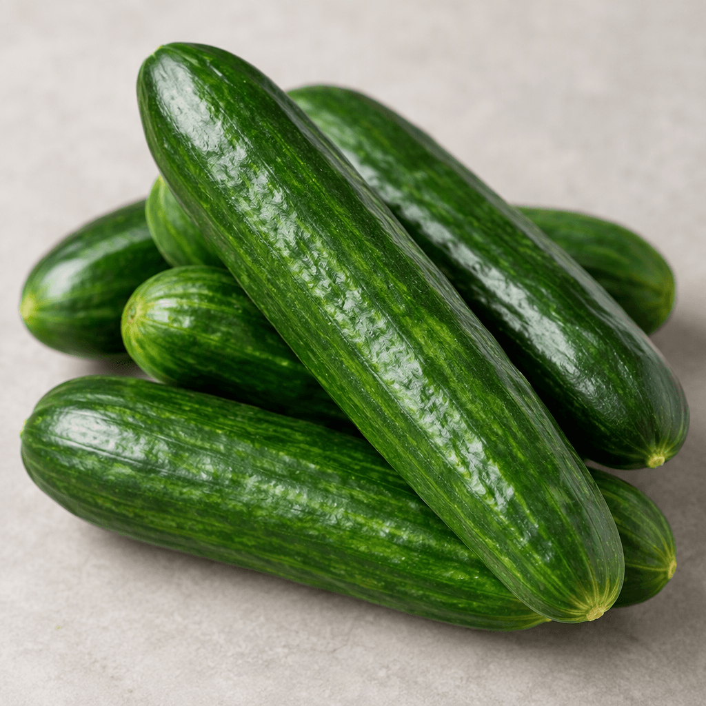 Whole raw cucumbers with smooth, glossy dark-green skin, elongated cylindrical shapes, and subtly tapered ends, arranged together.