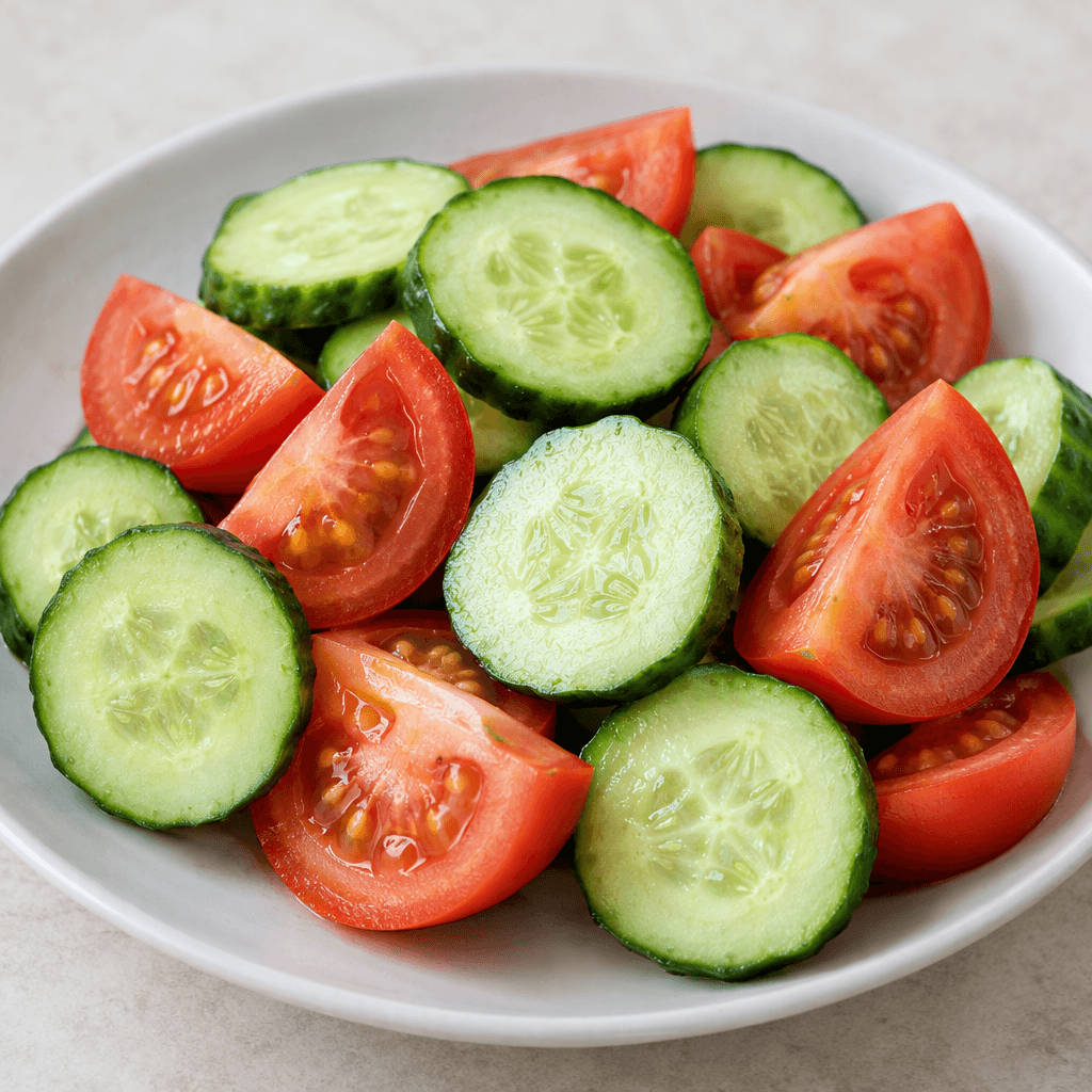 Bright green cucumber slices and juicy red tomato wedges are arranged together on a plate, showing the cucumber’s crisp pale interior and the tomato’s soft, seed-filled centers.
