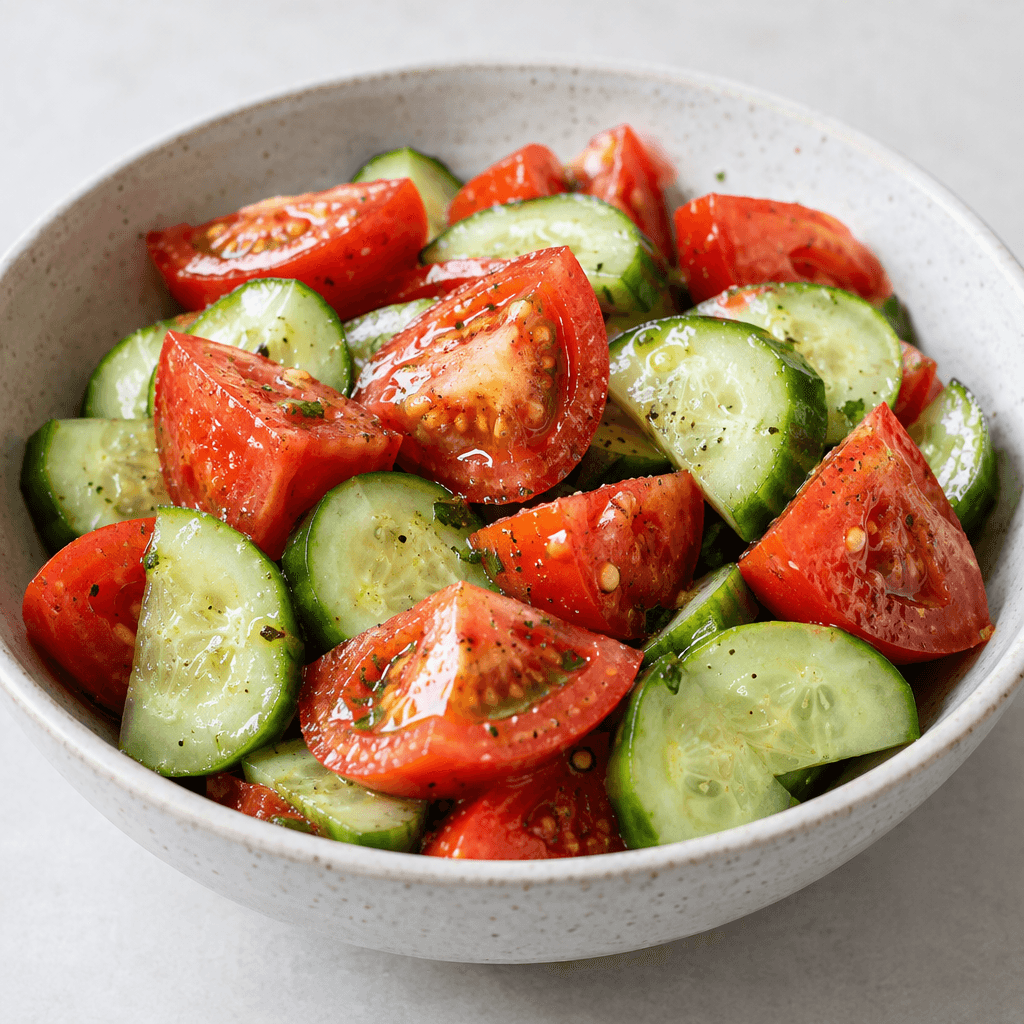 Chunky red tomato wedges and pale green cucumber slices with crisp, watery surfaces are arranged in a shallow bowl, lightly glistening with dressing.