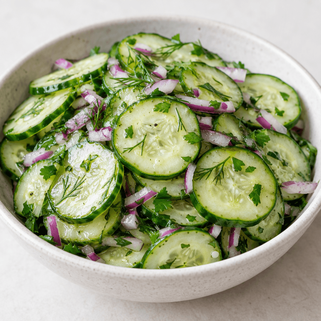 Thin, pale-green cucumber slices with dark-green edges are mixed with small pieces of red onion and fresh green herbs, lightly coated in a clear dressing and served in a shallow bowl.