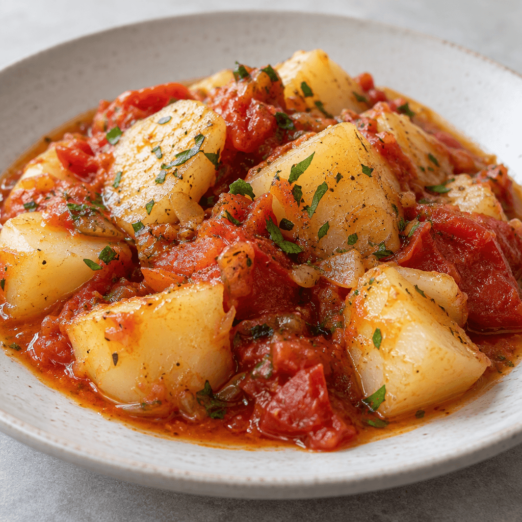 Pale cream-colored chunks of boiled potato sit among soft red tomato pieces and a thin, glossy reddish sauce on a plate.