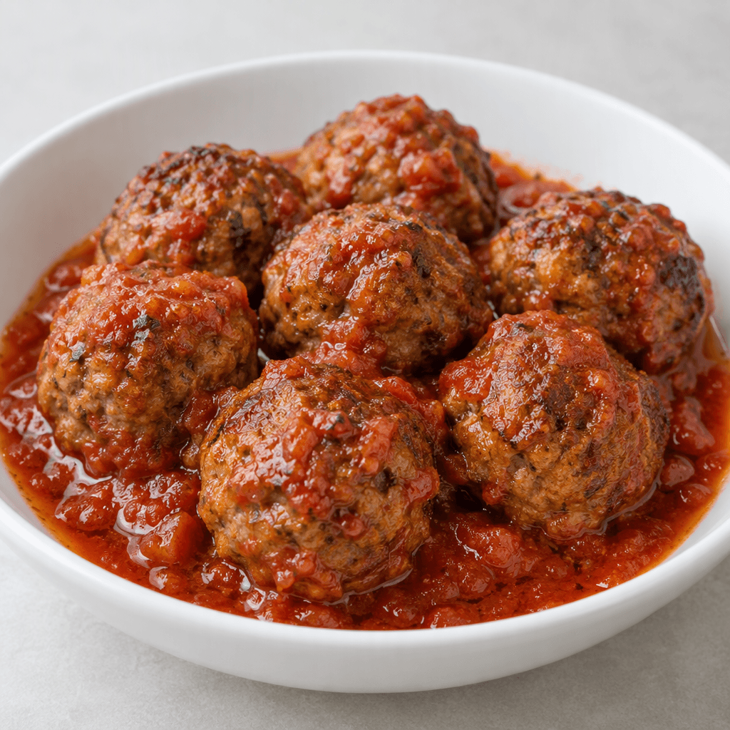 Several round, browned meatballs with a slightly textured surface sit in a glossy red tomato sauce, arranged in a shallow white serving dish with sauce pooling around them.