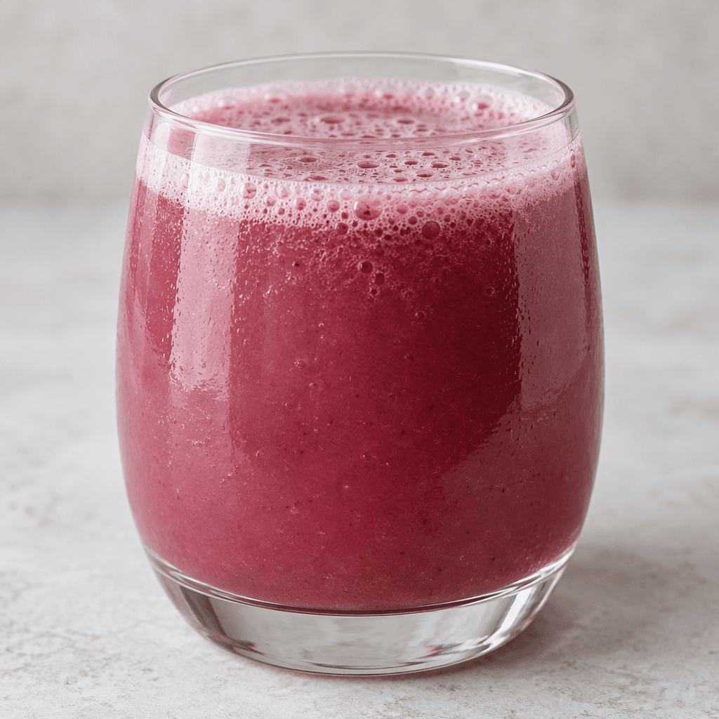 An opaque, cloudy rose-purple drink fills a clear glass, with a faint foamy surface and tiny bubbles.