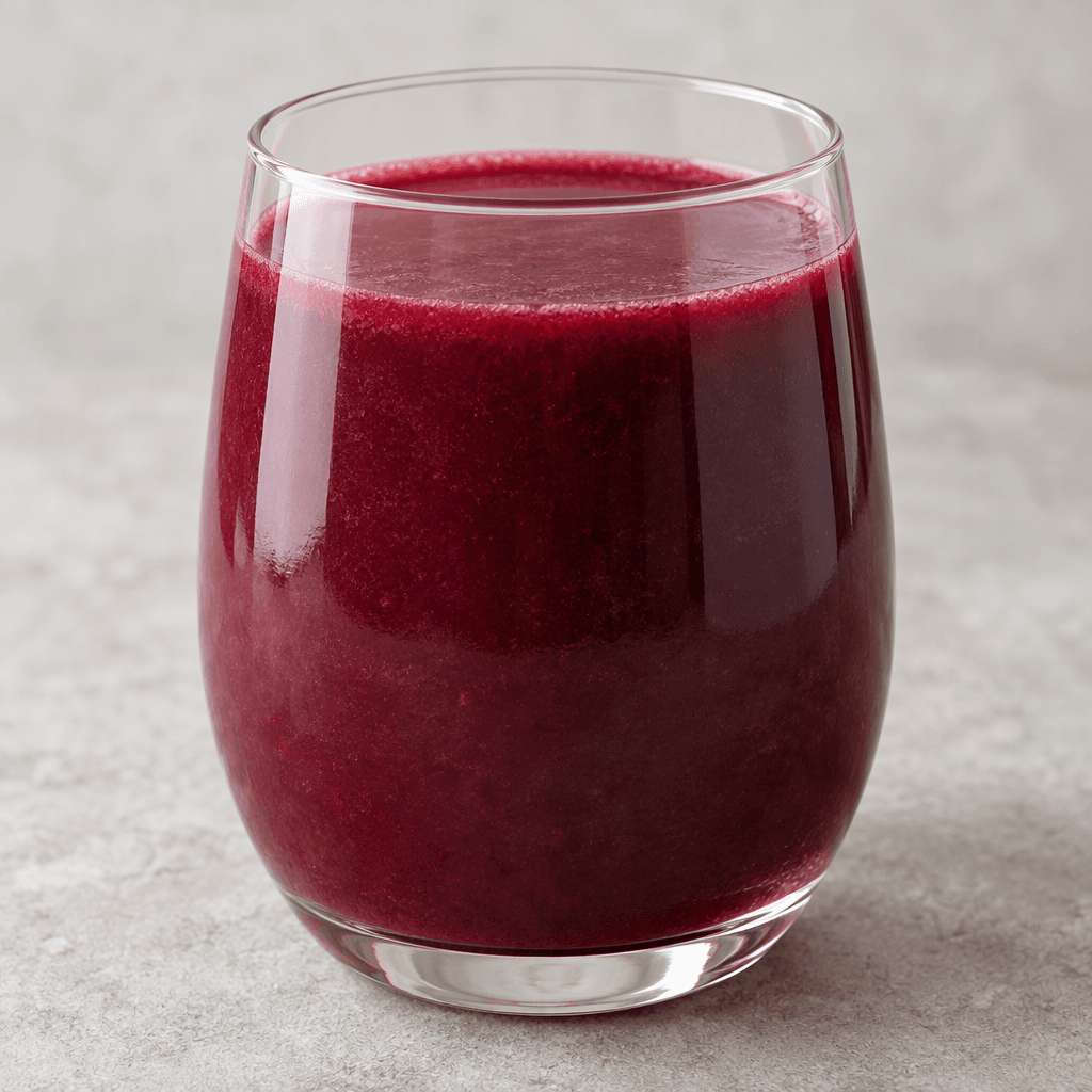 A deep burgundy-purple, slightly cloudy drink with a smooth surface, served in a clear glass.