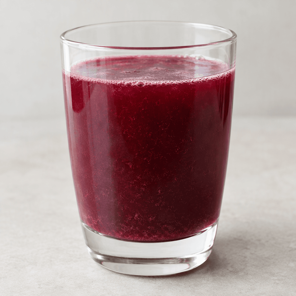 A deep reddish-purple, slightly cloudy liquid with fine sediment is served in a clear glass.
