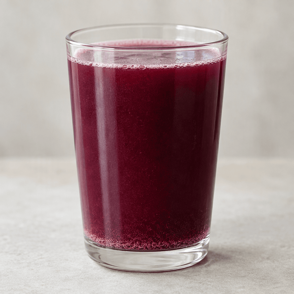 An opaque deep burgundy-purple liquid with a slightly cloudy texture fills a clear glass, with fine sediment settled at the bottom.