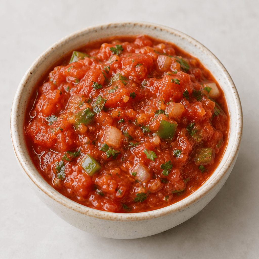 A bright red, thick and chunky sauce with visible diced tomatoes, small pieces of onion and green pepper, and flecks of green herbs, served in a small bowl.