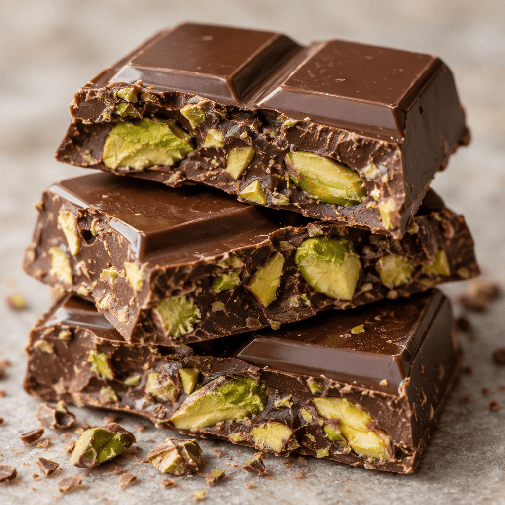 A glossy brown chocolate bar is broken into chunky pieces, with pale-green pistachio kernels and small crumbs visible throughout.