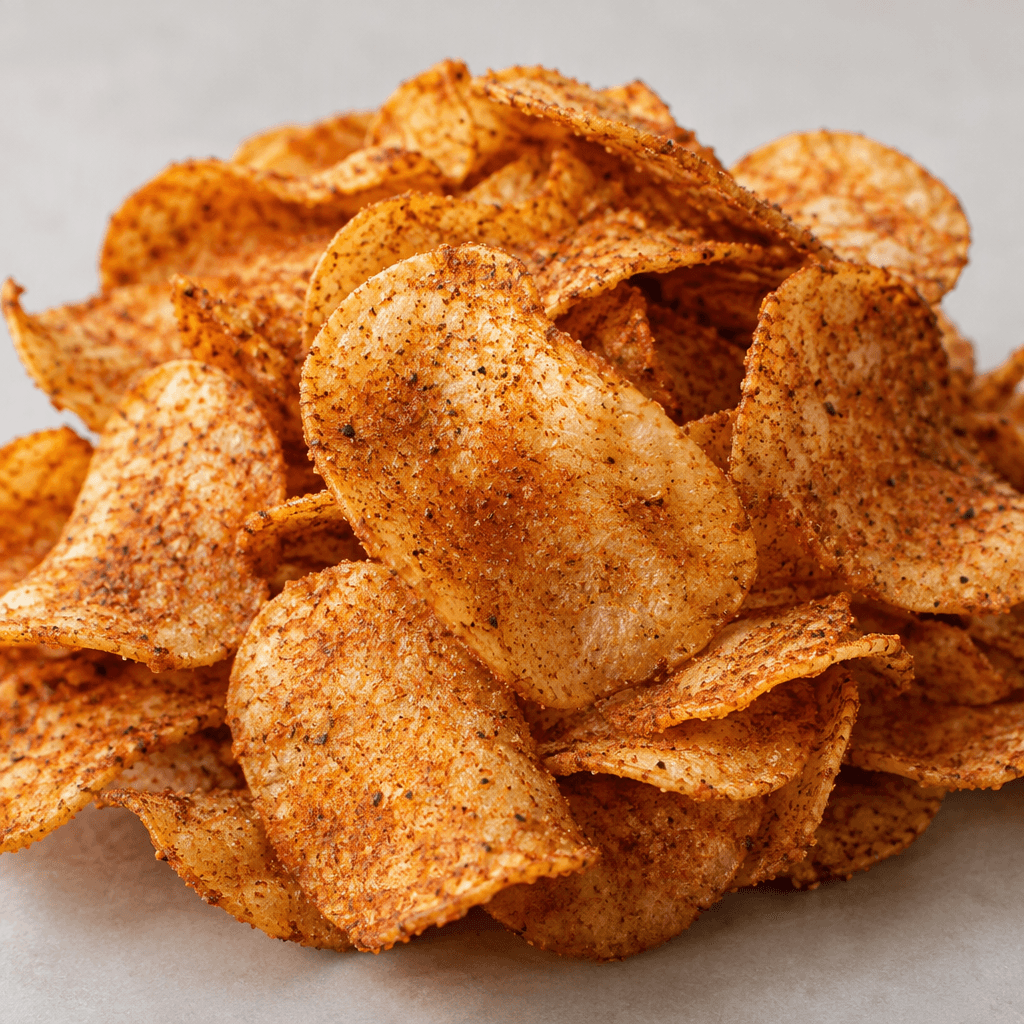 Thin, curved potato chips with uneven edges are coated in a reddish-brown barbecue seasoning and piled together, their surfaces lightly speckled with visible spices.