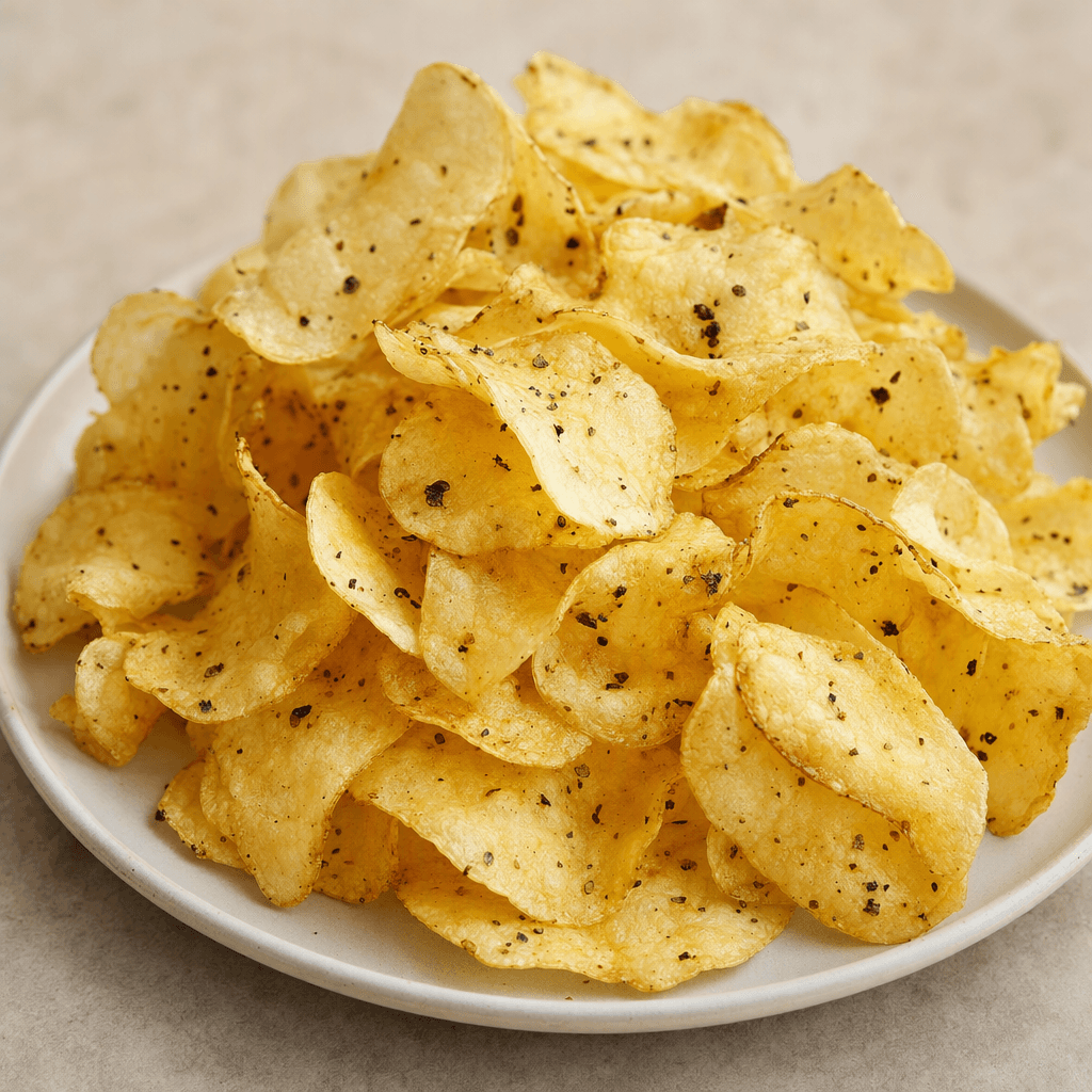 Thin, irregular golden potato chips with lightly curled edges and fine dark truffle-seasoning specks are piled on a plain plate.