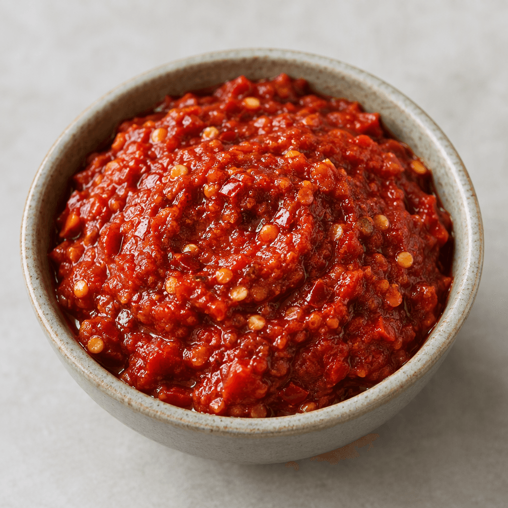 A thick, vivid red chili paste with visible pale seeds and coarse pepper flecks sits in a small bowl, its surface glossy and uneven.