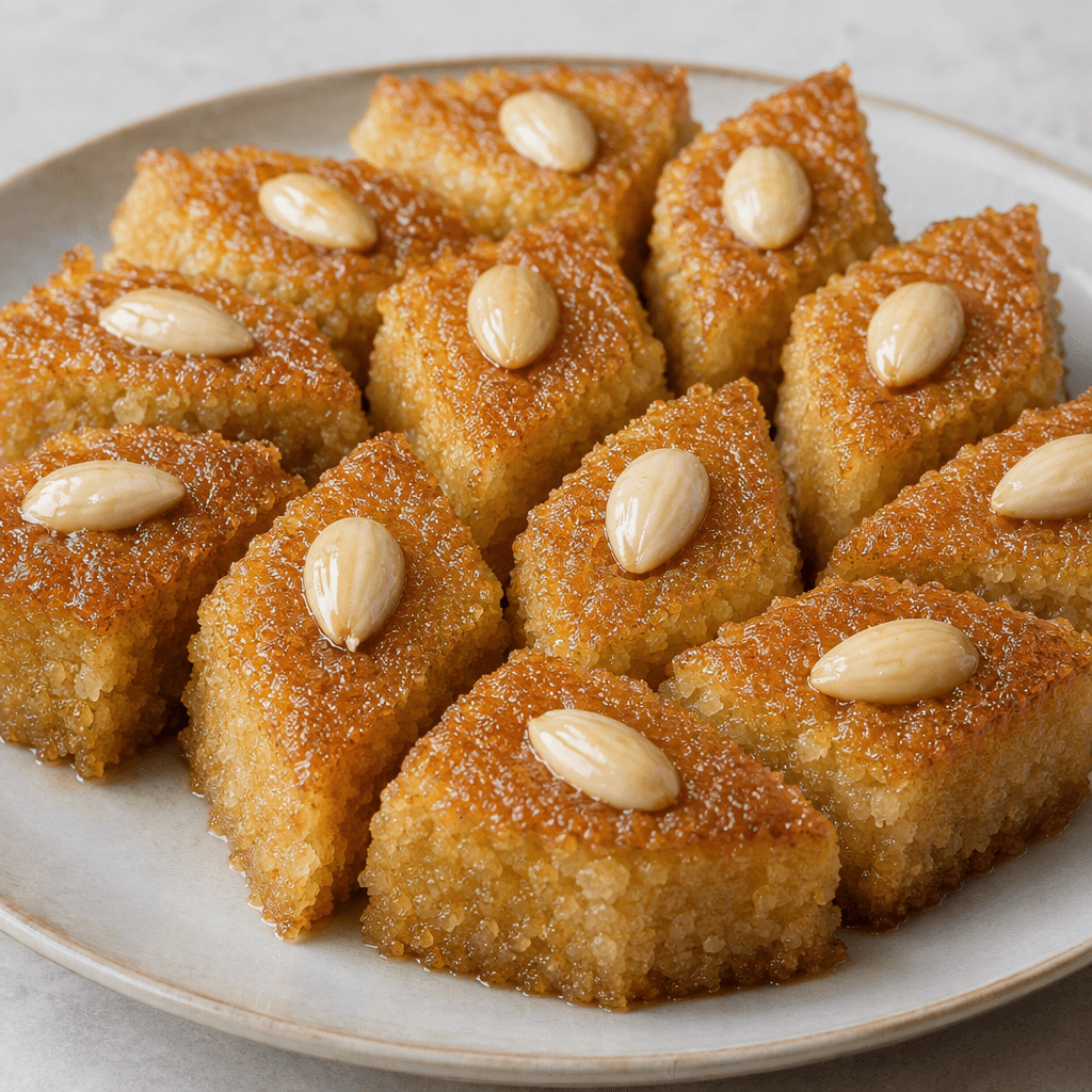 Dense, moist-looking golden semolina cake cut into small diamond-shaped pieces, with a slightly coarse surface, a glossy syrup sheen, and whole blanched almonds pressed into the top, arranged closely on a serving plate.