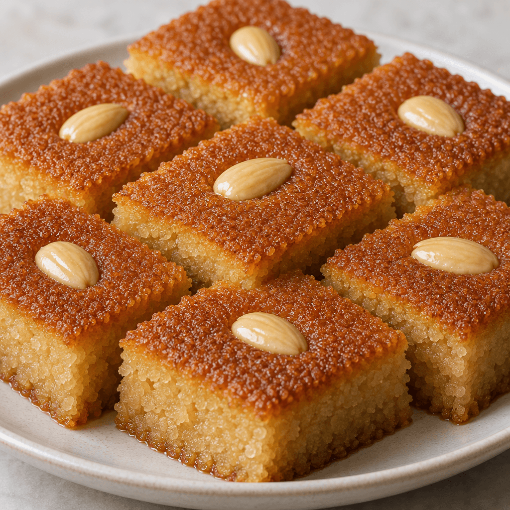 Thick, golden-brown semolina cake cut into neat squares, with a dense, slightly grainy surface and a whole pale nut set in the center of each piece, arranged close together on a plate.