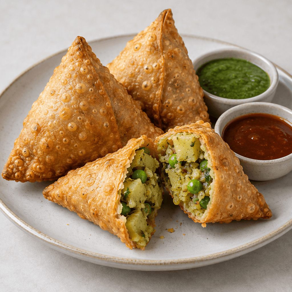 Triangular, golden-brown pastry parcels with crisp, blistered surfaces, one cut open to reveal a chunky filling of pale potato, green peas and specks of herbs, arranged on a plate beside small portions of green and reddish-brown dipping sauce.