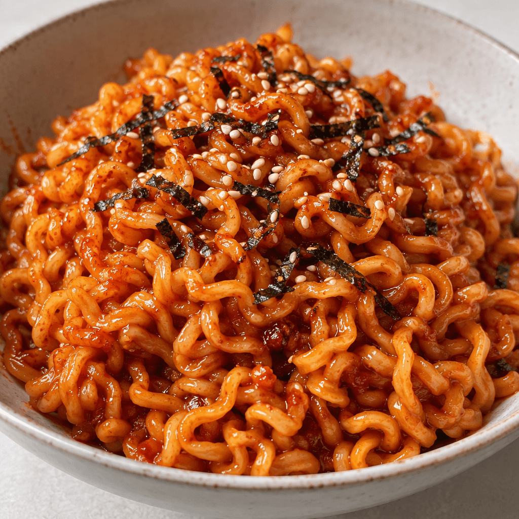 A mound of thick, curled noodles coated in glossy deep-red sauce sits in a bowl, scattered with pale sesame seeds and fine dark-green seaweed flakes.