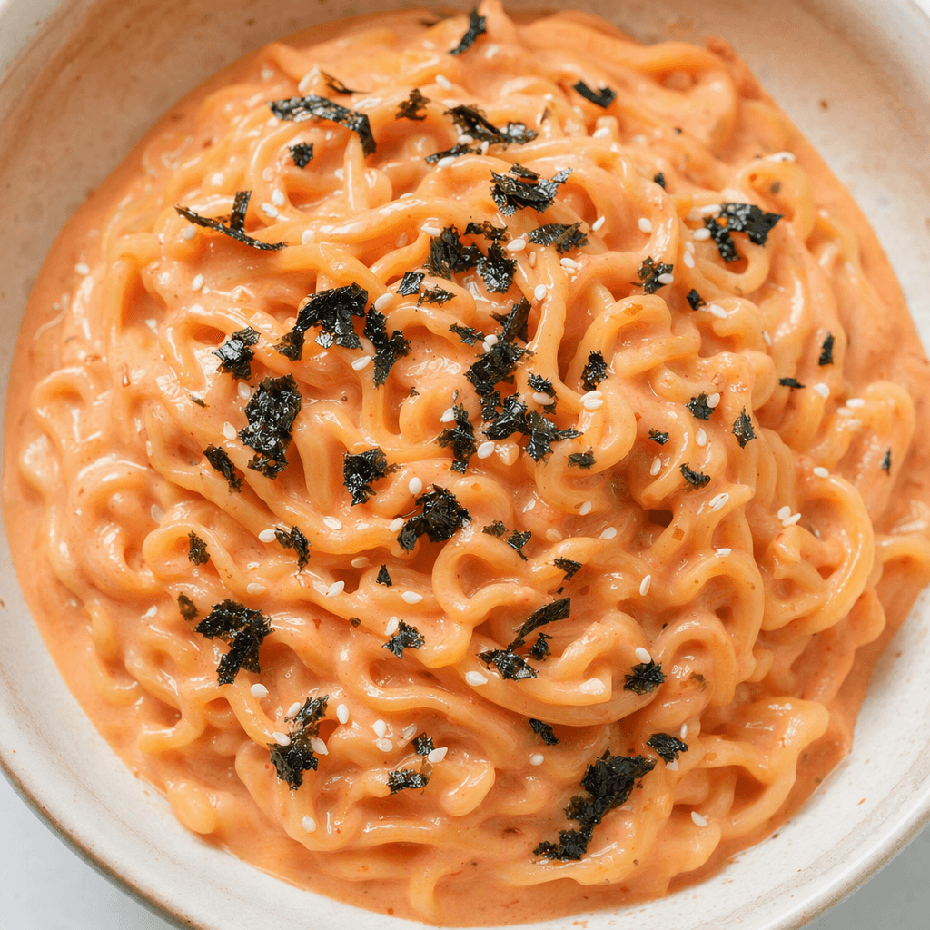 Glossy, tightly curled noodles are coated in a thick creamy coral-pink sauce in a bowl, with a few sesame seeds and dark seaweed flakes scattered on top.